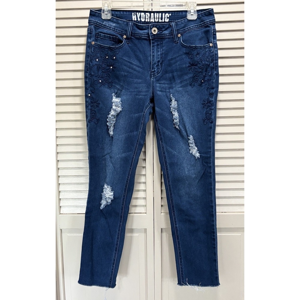 Hydraulic Skinny Denim Jeans Size 10 Mid Rise Zip Gems Embroidered Raw Hem‎